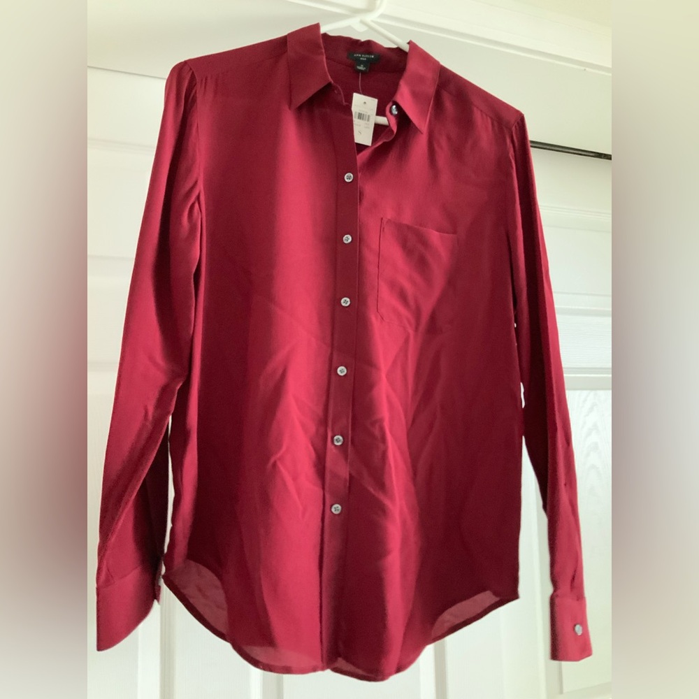 NWT Ann Taylor Silk Blouse, Small, Rich Dark Red with Sweat Marks